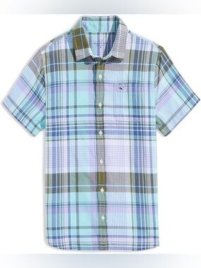 Boy’s Vineyard Vines Andros Blue Madras Plaid Shirt, Size M (10 - 12)